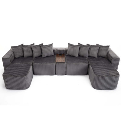137.5" U Shaped Sofa , USB & Wireless Charge, Coffee Table Board With A Cup Holder, Oversize Movable Modular Sofa,Movable Footstool,No Assembly,6 Seats,Corduroy