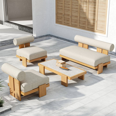 4-Piece Outdoor Teak Patio Sofa Set with Sintered Stone Coffee Table