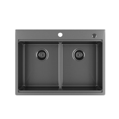 16 Gauge 304 Stainless Steel Sink - 33 Inch Gunmetal Black Double Bowl And Wood Cutting Board Pack 33" Kitchen With Nano Plating Surface