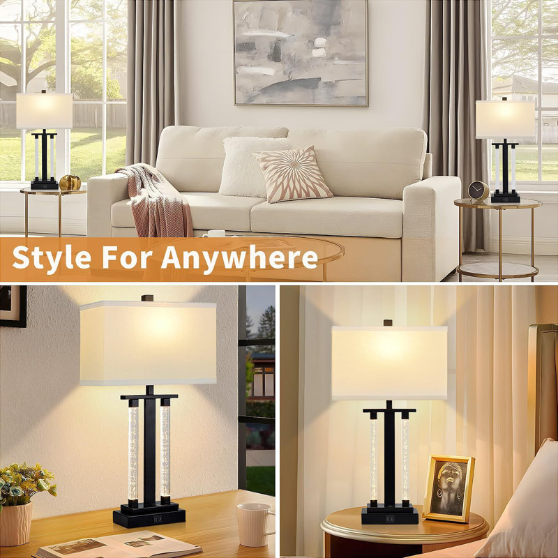 Black Adjustable 23" Modern Table Lamps Set with USB Charging