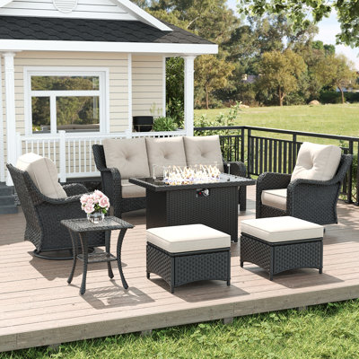  7 Piece Wicker Outdoor Furniture Set with 6-inch Comfy Cushions, High Back Patio Furniture Set with Swivel Rocking Chairs and Fire Pit Table