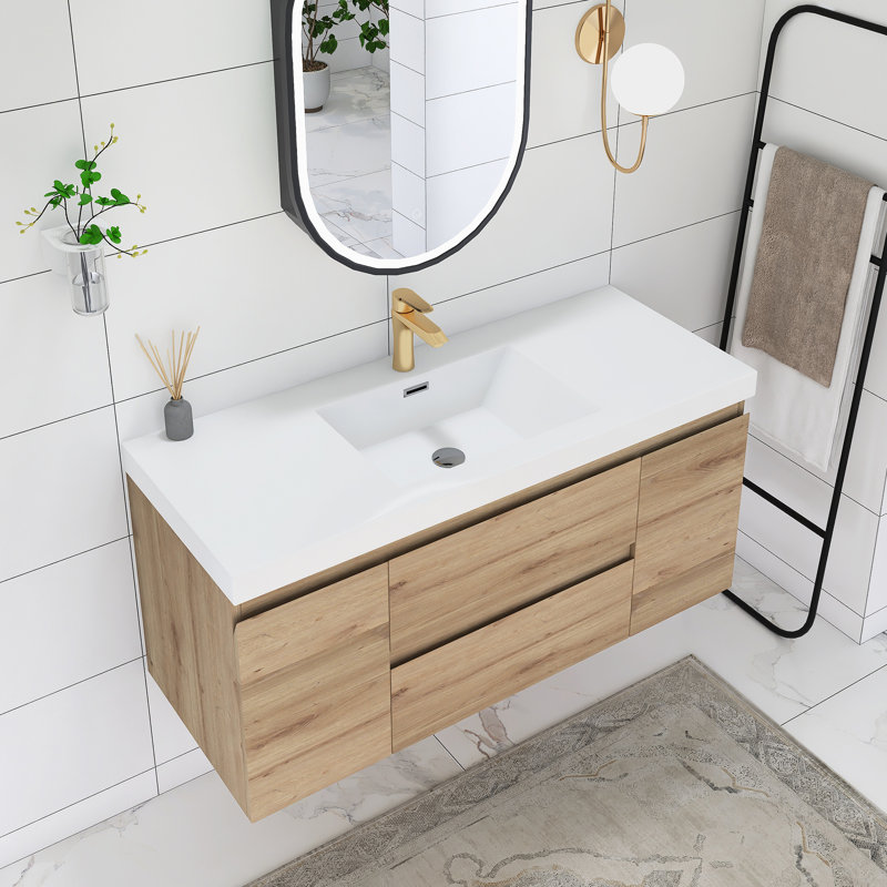 Meuble-lavabo mural simple avec plateau en marbre de culture 48 po Cathlene, Chêne