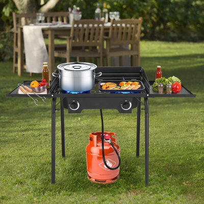 Poêle d'extérieur au propane à 2 brûleurs avec pare-brise et tablettes Winado