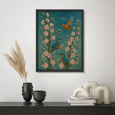 Oiseaux martin-pêcheur sur des branches en fleurs, reproduction d'art encadrée, scène fantaisiste d'oiseaux et de fleurs