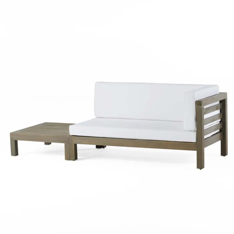 Ensemble de banc d'angle droit et de table basse Oana, bois d'acacia durable avec coussins résistants à l'eau pour une détente en plein air