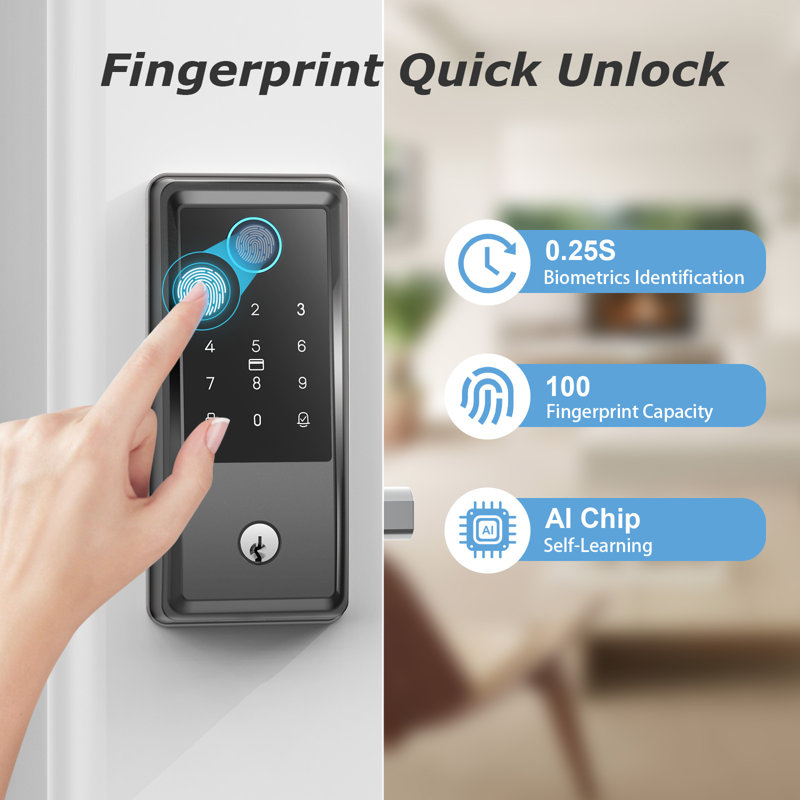 G6 Smart Keyless Entry Door Lock with Handle - APP & 2.4G Wi-Fi Control, Built-in Doorbell, Fingerprint & Keypad, Black