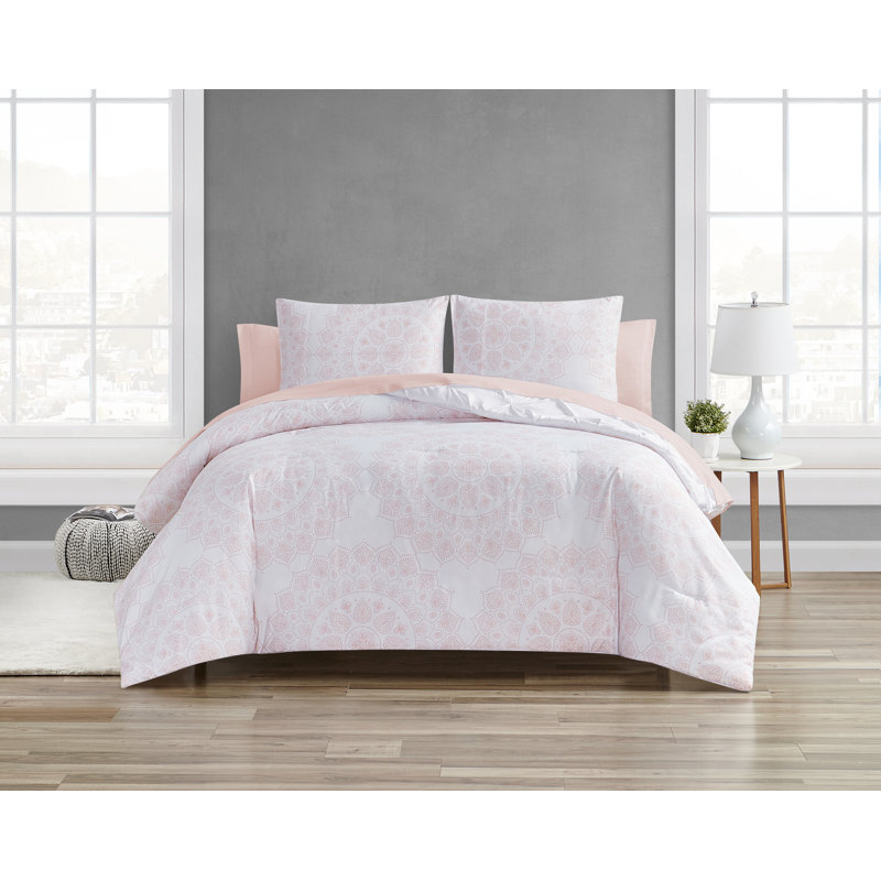 Ensemble d'édredon réversible en microfibre 7 pièces , Édredon de grande taille et 6 pièces supplément, Blanc / Rose