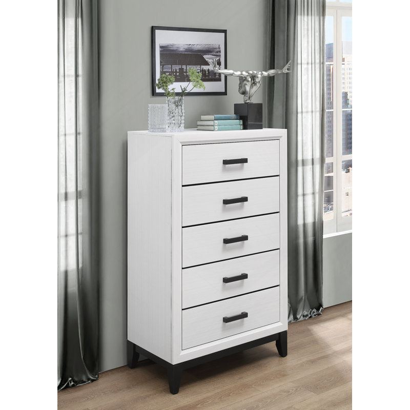 Vertical Solid + Manufactured Wood Dresser With 5 Drawers, White/Black