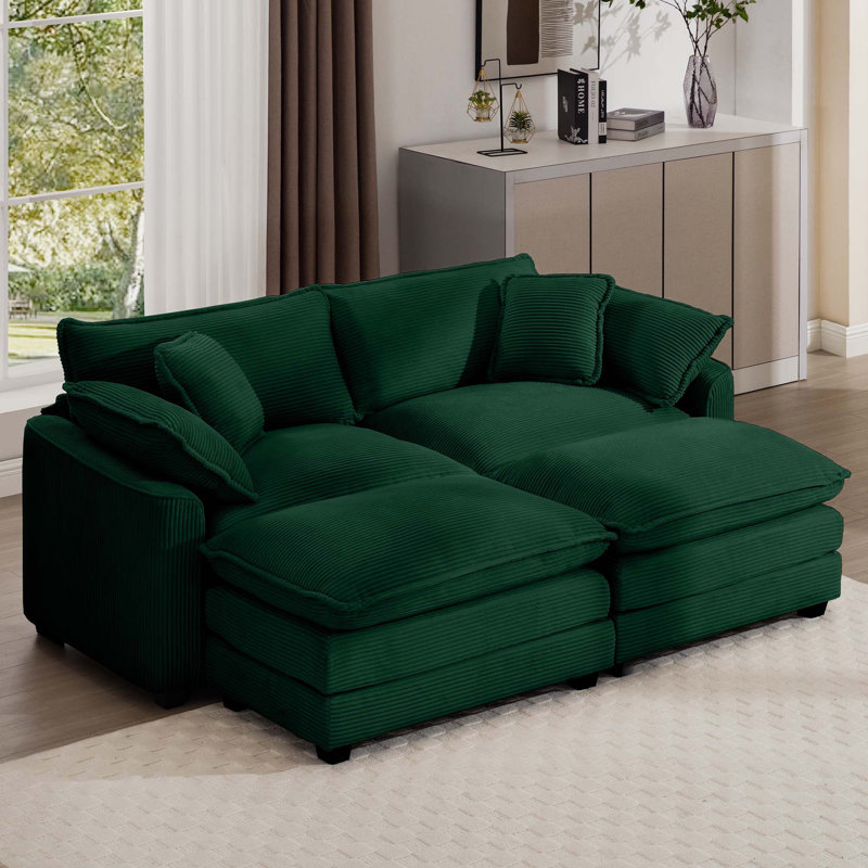 Canapé en velours côtelé à deux places avec repose-pieds Corduroy, Vert