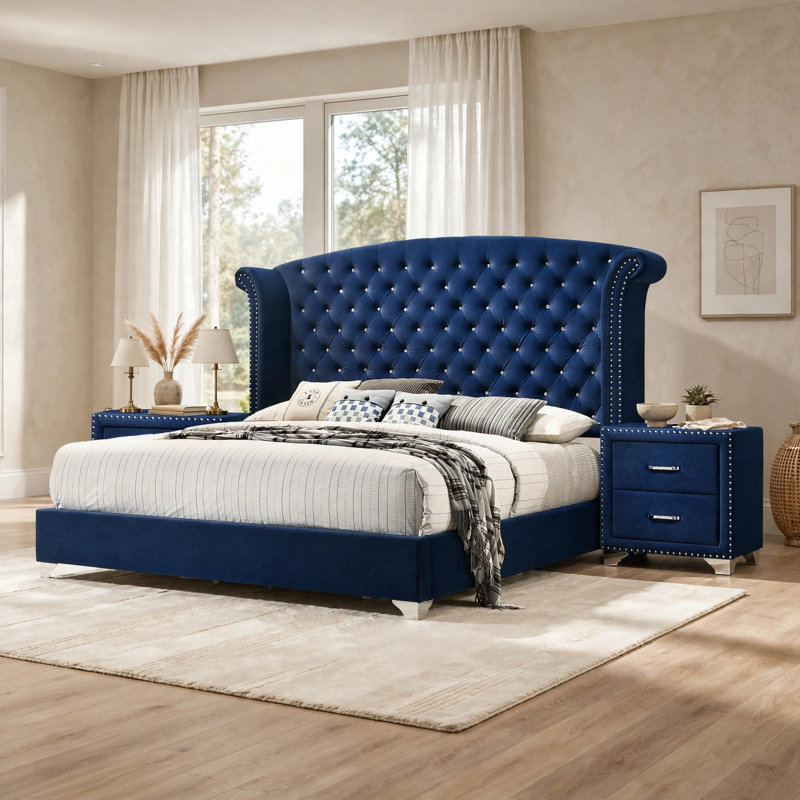 Ensemble de chambre pour très grand lit, tapissier, bleu, chrome, 3 pièces avec 2 tables de chevet, Très grand lit