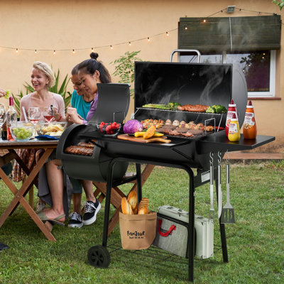 Royal Gourmet 28" Barrel Charcoal Grill with Smoker, Side Table and Cover