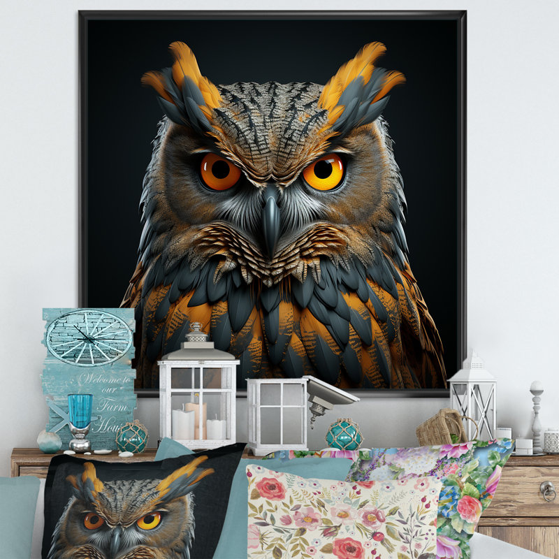 Hibou expressionniste sur toile, Cadre flottant noir, 30" H x 30" W