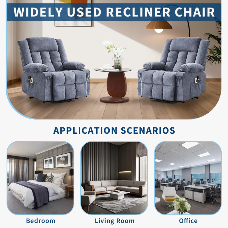 Power Lift Recliner Chair for Elderly with Heat, Massage, Cup Holders, USB Port & Side Pocket, Chenille Electric Sofa, Blue