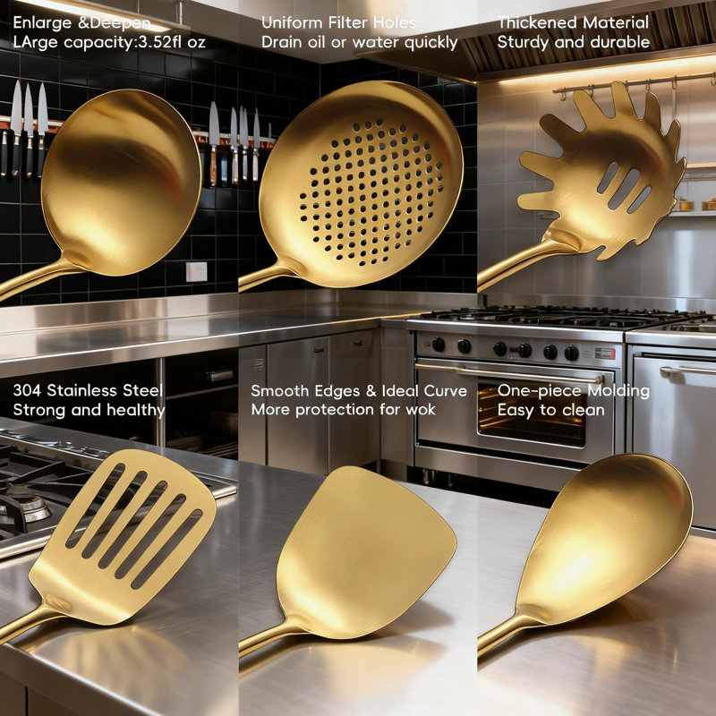 Ensemble d'ustensiles de cuisine en acier inoxydable 10 pièces avec poignée en bois, outils de cuisine en métal 18/10 pour usage professionnel et domestique, va au lave-vaisselle