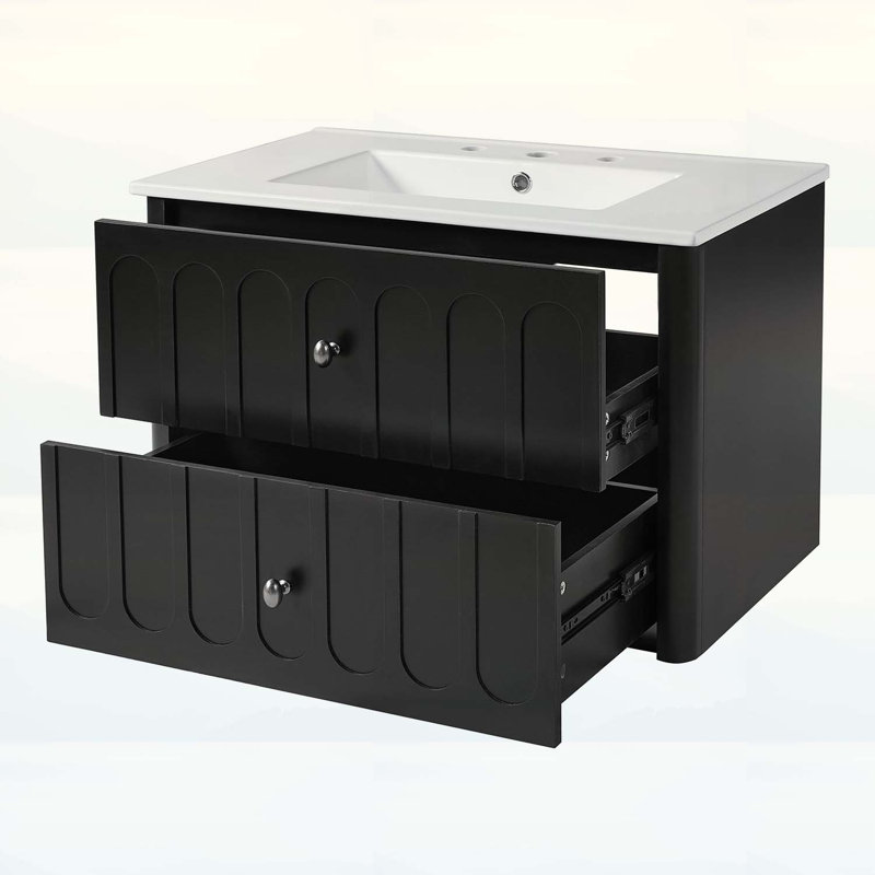 Bathroom Cabinet with Ceramic Sink,Soft-Close Drawers,and Elegant Oval Knobs for Compact Spaces, Black