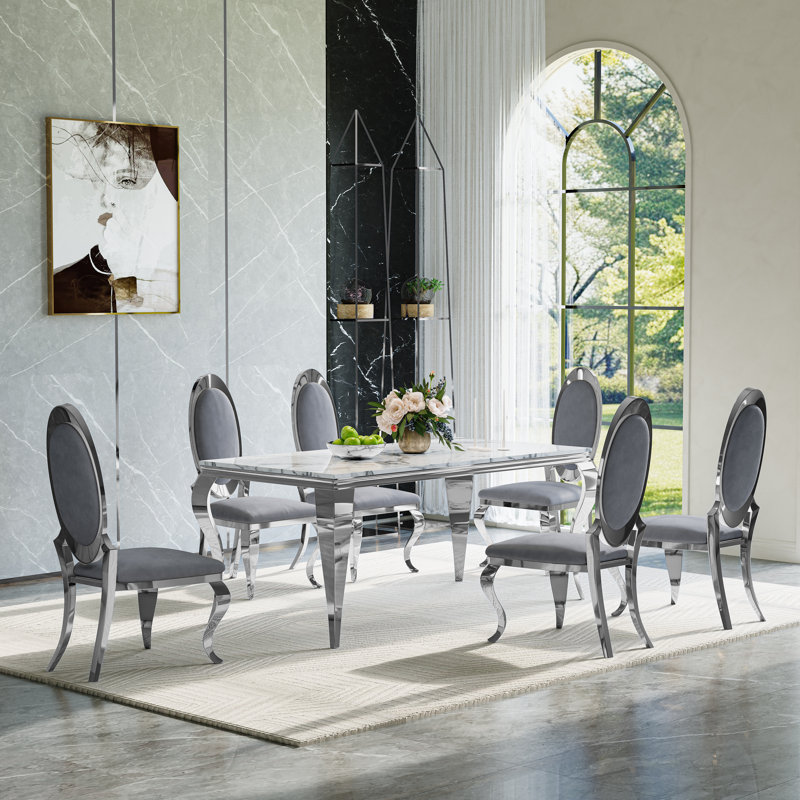 7-Piece Modern Dining Set with Faux Marble Table and  Upholstery Chairs – Seats 6, Stainless Steel Legs, Gray/Silver, Silver