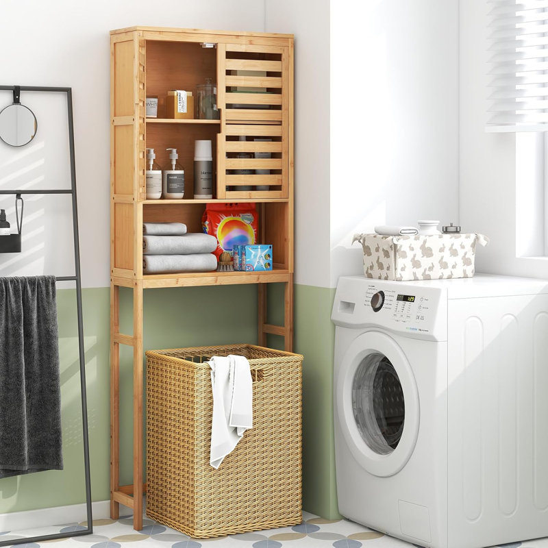 Natural Bamboo Over-The-Toilet Storage Cabinet With Doors, Shelves, And Space-Saving Design