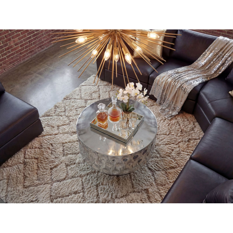 Round Gold Aluminium Drum Coffee Table, Silver, Silver, Silver