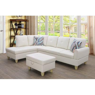 97" Wide Faux Leather Linen Right Hand Facing Stationary Sofa & Chaise with Ottoman