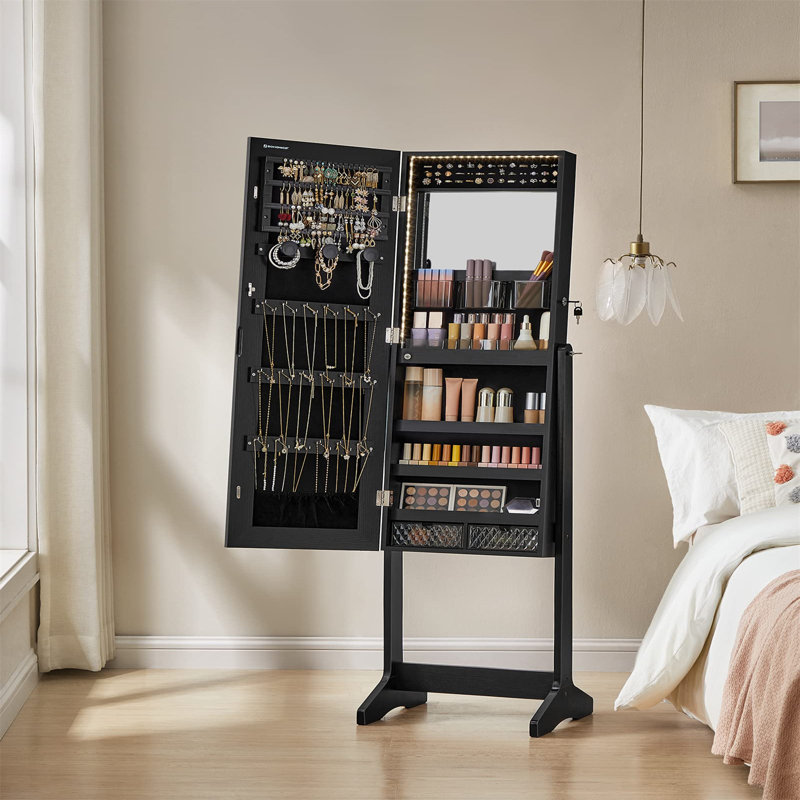 Armoire à bijoux blanche avec miroir lumineux intégré, rangement spacieux et assemblage sans effort, Noir