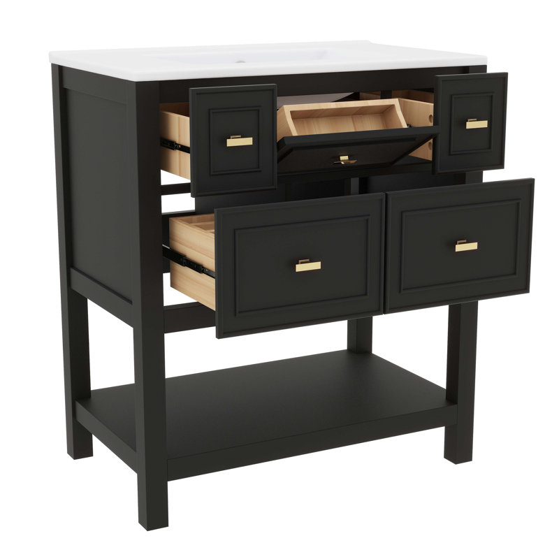 Ensemble de meuble-lavabo simple 30 po avec lavabo en céramique, armoire en bois massif, 5 tiroirs de rangement, Noir