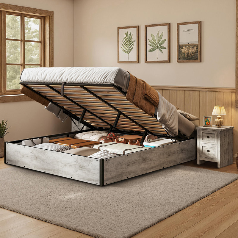 Shila Lift Up Storage Bed, King, White Oak