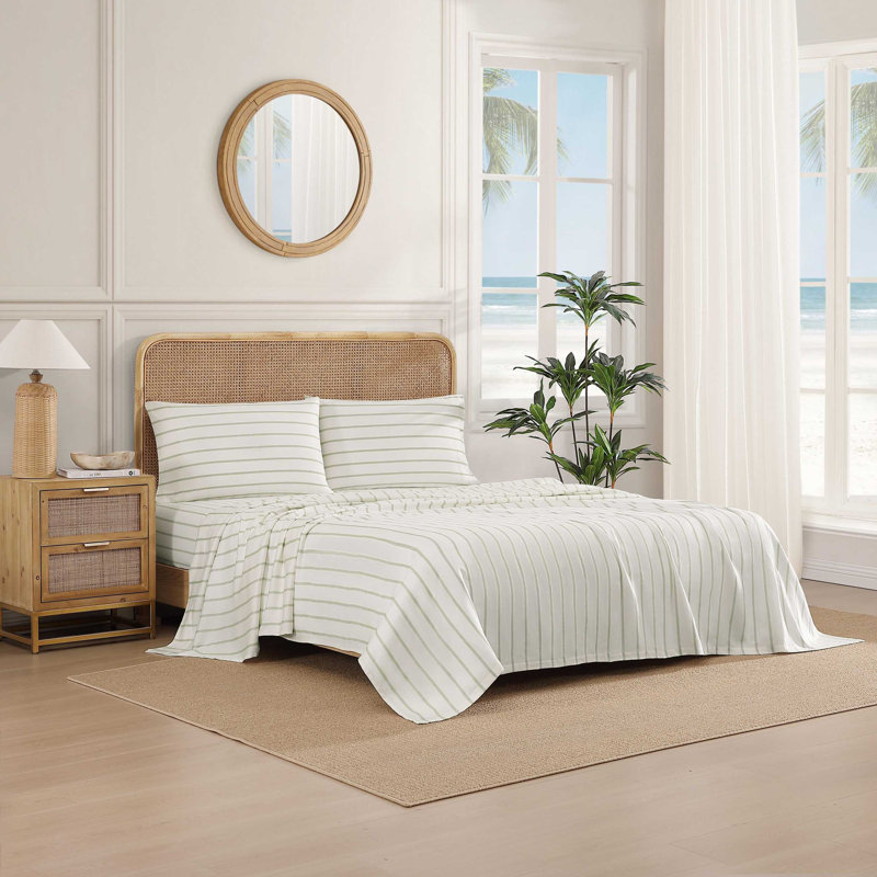 Tommy Bahama Cotton Sheet Set, King Sheet Set with 2 Pillowcases, Green La Vida Stripe 