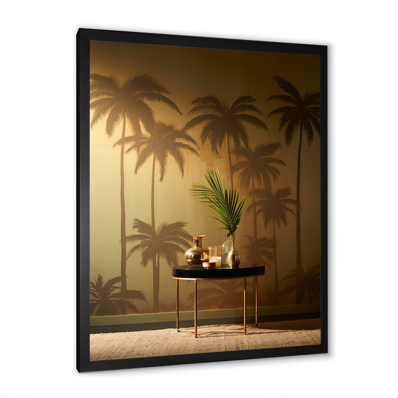 «Golden Grove Palm Tree Shadows» sur toile, Cadre noir, H 44 po x l 34 po x P 1,5 po