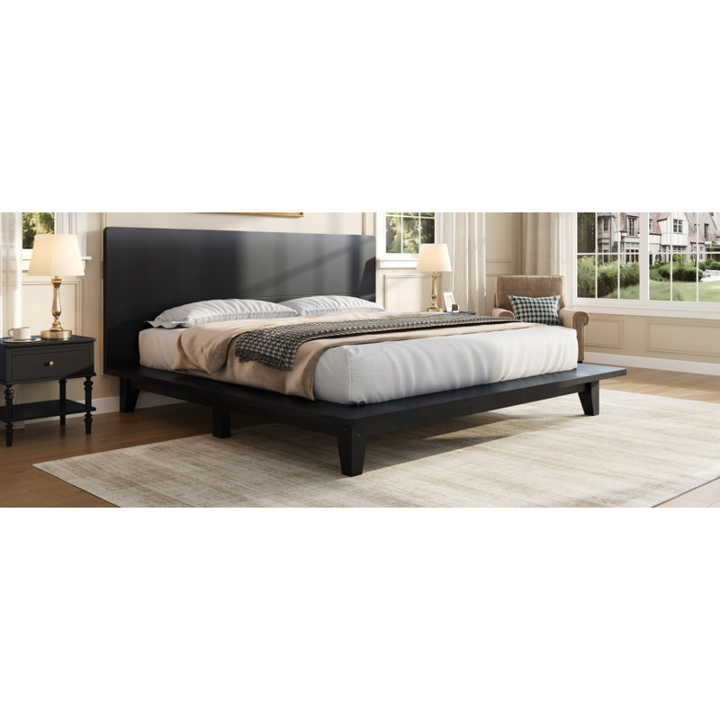Base de lit plateforme avec tête de lit, support à lattes de bois, très grand, noir, King, Black