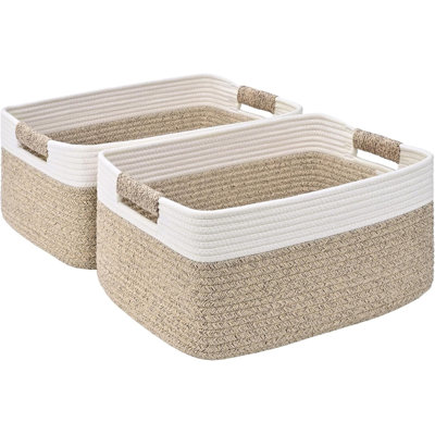 2 Pack Large Storage Basket for Organizing, 17.5"x13"x7" Woven Basket for Shelves, Closet Cube Storage Bins with Wrapped Handle, Cotton Rope Baskets for Kitchen, Clothes, Toys(Off White & Brown)