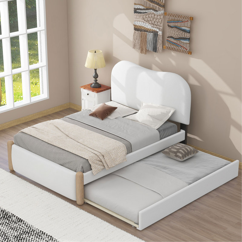 Lit plateforme tapissier avec pieds de support en bois et lit gigogne simple, blanc, Lit simple