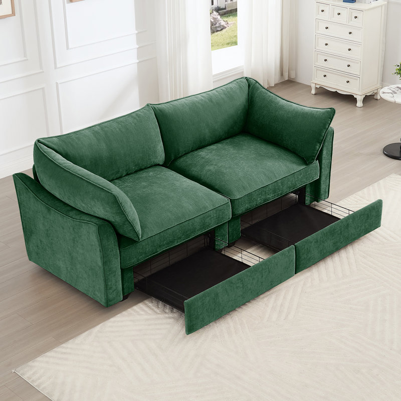 Canapé 2 places avec tiroirs de rangement coulissants, accoudoirs en forme de croissant et dossier enveloppant, idéal pour les petits salons, vert chenille