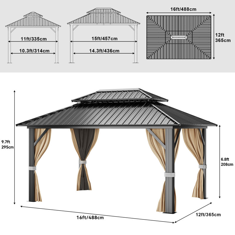 Hardtop Double-Roofed Aluminum Patio Gazebo Multiple Sizes, 16 ft x 12 ft, Brown