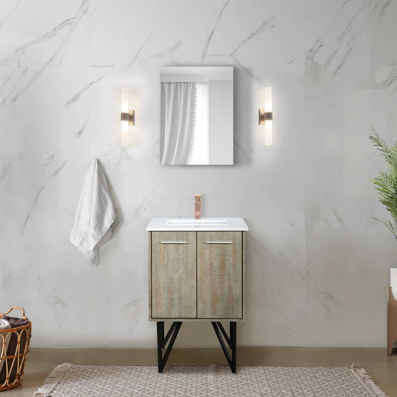 Meuble-lavabo rustique de 61 cm (L) x 51 cm (P) avec marbre et robinet en or rose - Miroir de 46 cm, comptoir en marbre reconstitué, inclus