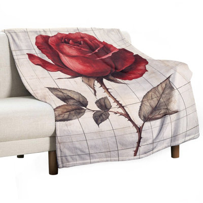 Jeté en flanelle Crimson Rose Stem Grid, couverture douce et chaude pour le canapé-lit du salon