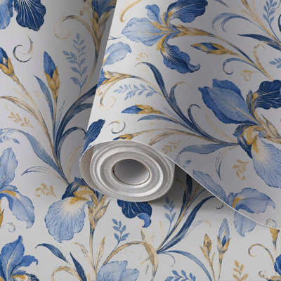 Peel and Stick Wallpaper Contact Paper Elegant Blue Gold Floral Irises Leaves Self Adhesive and Removable 24in x 118in(60x300cm)