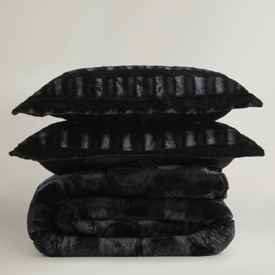 3 Pcs Full/Queen Solid Faux Fur Comforter Mini Of Black, Stylish Brushed Fur, 2 Shams With - Inch Flange, Filling, End To Box Sewn Secure Fill Position Black , Soft Mink Reverse, Filled, Construction