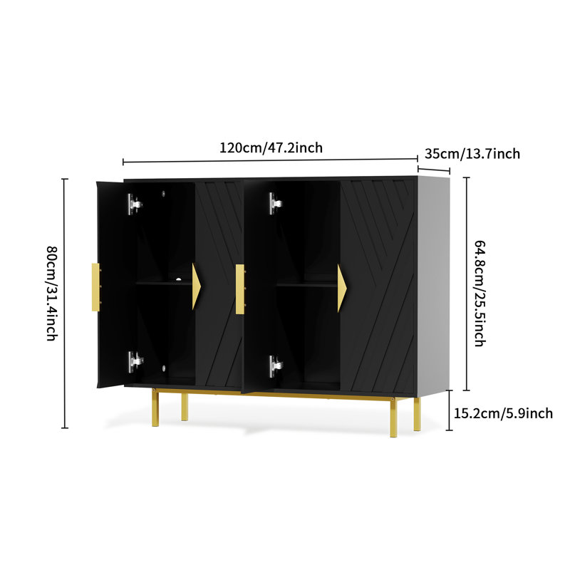 Black MDF Accent Cabinet with Gold Handles and Adjustable Shelving