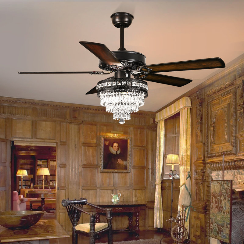 Ventilateur de plafond d'intérieur à 5 pales en cristal avec télécommande et lumière, Noir, 52 po de largeur