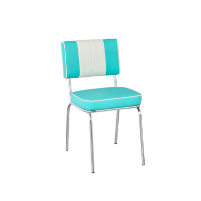 Chaise d'appoint de salle à manger rétro bleu sarcelle et blanche avec pieds chromés pour l'intérieur