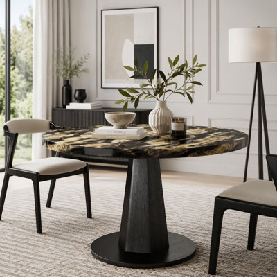 Table de salle à manger ronde en faux marbre avec base à piédestal géométrique
