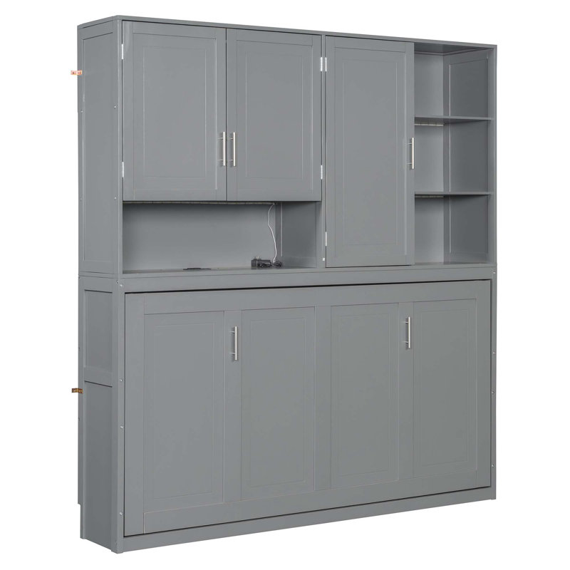 Lit escamotable mural simple avec armoire supérieure, tablettes, lit pliable peu encombrant avec lumière et USB, Gris