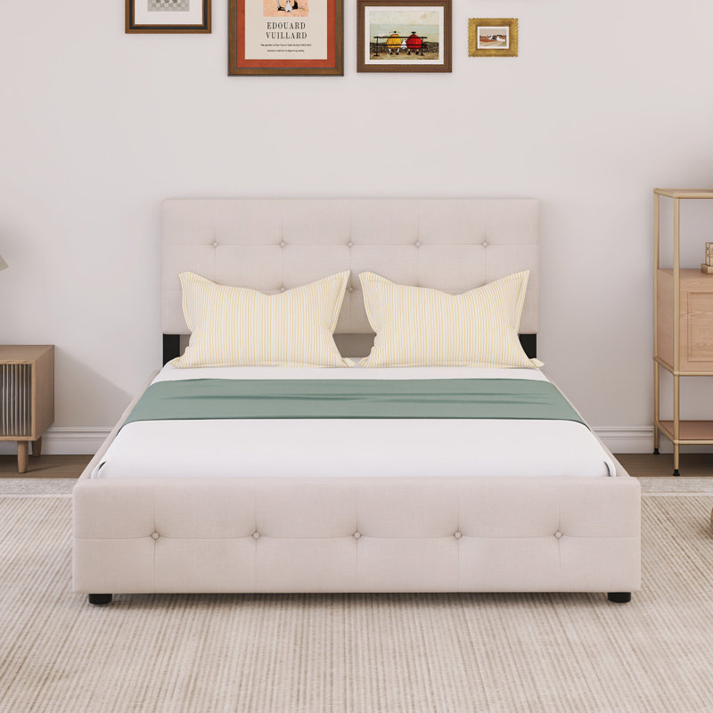 Lit plateforme avec tête de lit classique et 4 tiroirs, Beige