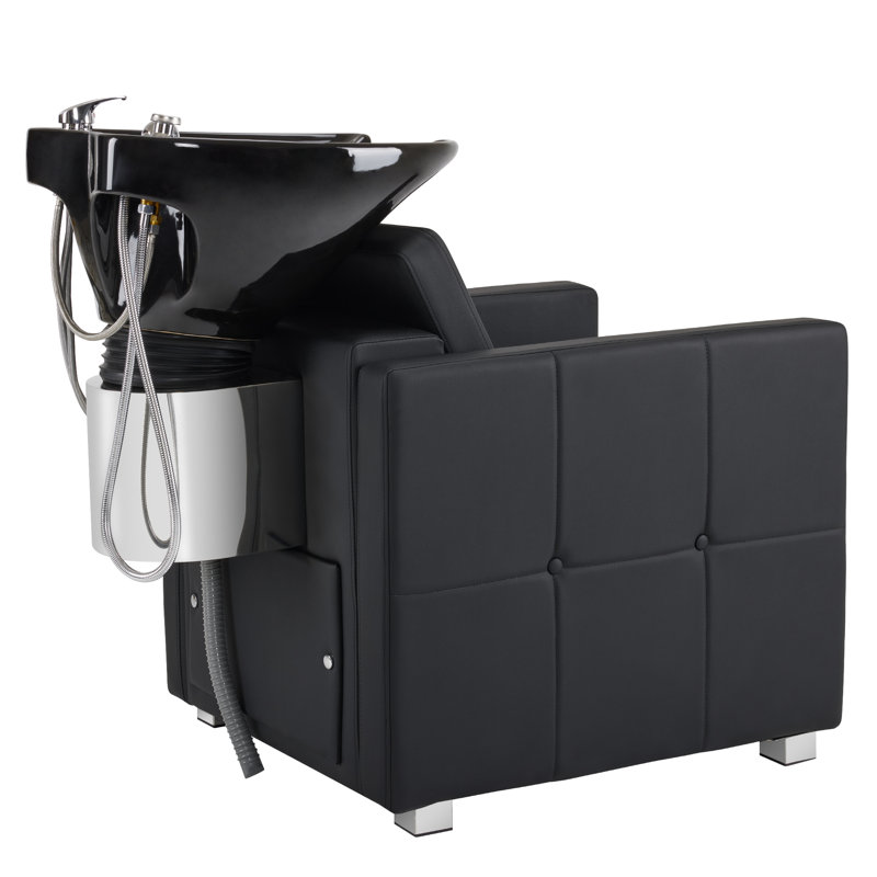 Adjustable Porcelain Ceramic Hair Wash Bowl, Vacuum Breaker, Shampoo Chair and Bowl Unit for Salon, Black Faux Leather