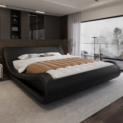 Low Profile Sleigh Bed With Faux Leather Ergonomics Headboard