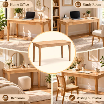 Bureau en bois de pin massif 47,24 "avec 2 tiroirs, bureau d'ordinateur rectangulaire en bois pour bureau à domicile, chambre à coucher et bureau