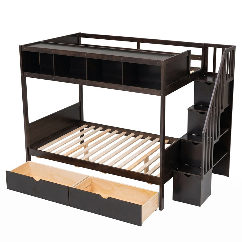 Twin Over Full Bunk Bed In Espresso With Shelfs ｜ Storage Staircase And 2 Drawers｜Full Safety Design & Solid Pine Construction｜Solid 4-Step Storage Staircase