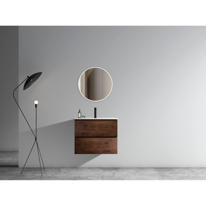 Meuble-lavabo moderne en noyer de 61 cm (24 po) - Grand espace de rangement, tiroirs silencieux, lavabo en céramique, robinet monotrou. Design tendance et spacieux.