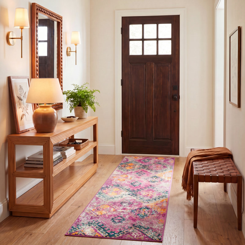 Tapis fuchsia à motif géométrique Felty, Tapis de couloir 2 pi 3 po x 8 pi