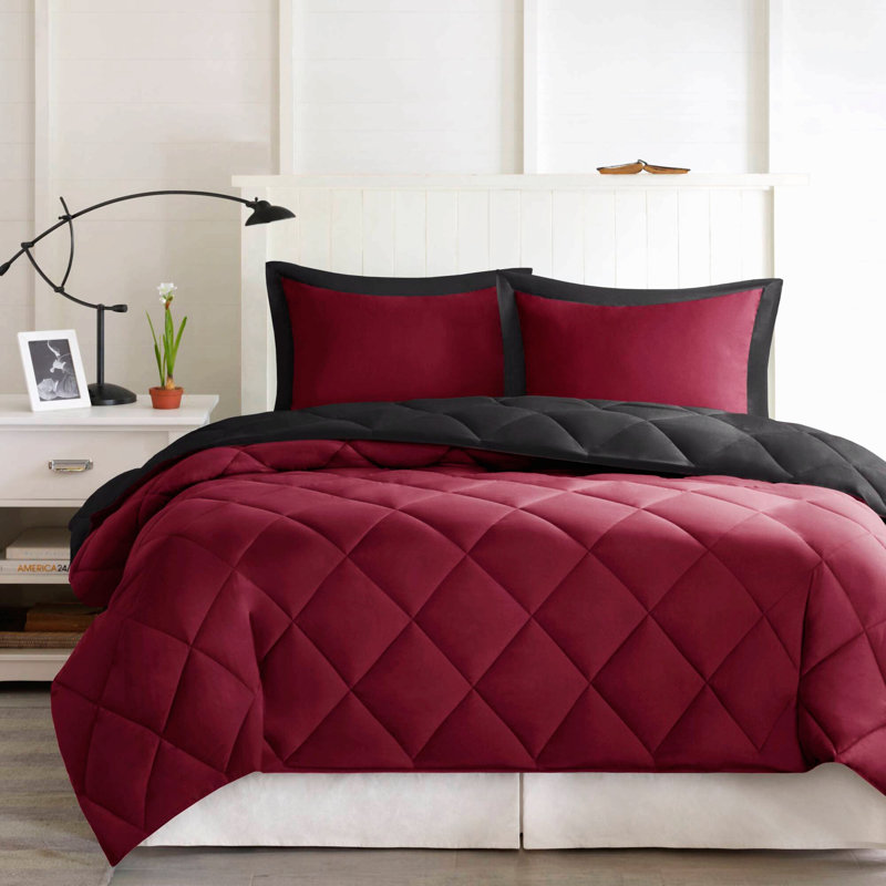 Ensemble de couette réversible matelassée 3 pièces en polyester, matelassage en losanges 3M Scotchgard, alternative au duvet, rouge et noir, format King/Cal King